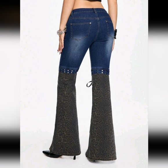 Women's Y2K Vintage Leopard Print Splice Ribbon Tie Flare Leg Pants - Picture 2 of 4